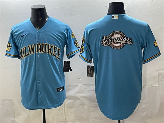 Milwaukee Brewers Team Big Logo Blue With Home & Bob Uecker Patch Stitched Baseball Jersey