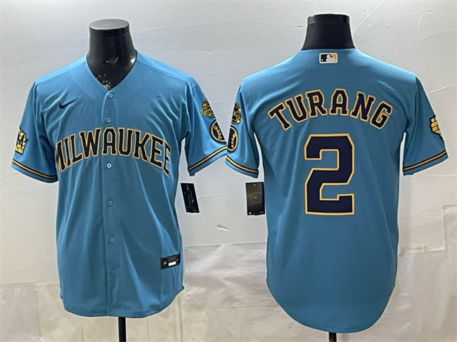 Milwaukee Brewers #2 Brice Turang Blue With Home & Bob Uecker Patch Stitched Baseball Jersey