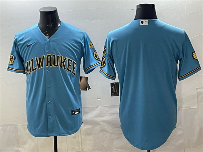 Milwaukee Brewers Blank Blue With Home & Bob Uecker Patch Stitched Baseball Jersey
