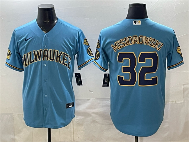 Milwaukee Brewers #32 Jacob Misiorowski Blue With Home & Bob Uecker Patch Stitched Baseball Jersey Milwaukee Brewers #32 Jacob Misiorowski Blue With Home & Bob Uecker Patch Stitched Baseball Jersey