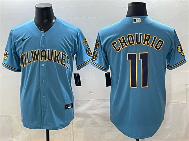 Milwaukee Brewers #11 Jackson Chourio Blue With Home & Bob Uecker Patch Stitched Baseball Jersey