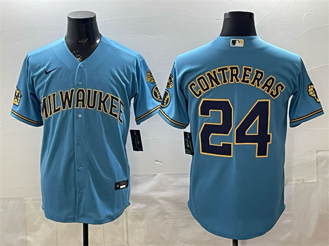 Milwaukee Brewers #24 William Contreras Blue With Home & Bob Uecker Patch Stitched Baseball Jersey