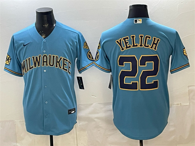 Milwaukee Brewers #22 Christian Yelich Blue With Home & Bob Uecker Patch Stitched Baseball Jersey Milwaukee Brewers #22 Christian Yelich Blue With Home & Bob Uecker Patch Stitched Baseball Jersey