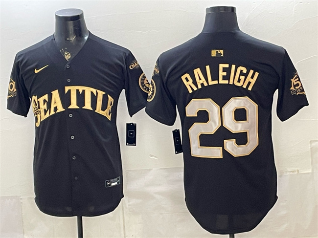 Seattle Mariners #29 Cal Raleigh Black Gold 50th Anniversary & AL West Division Champions Patch Vapor Limited Stitched Baseball Jersey