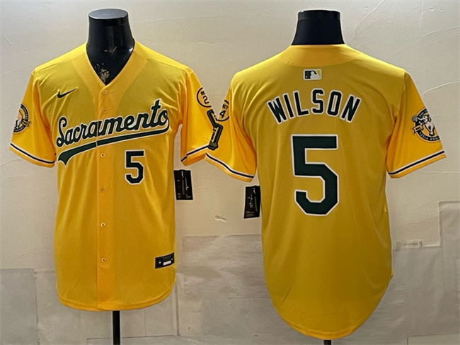 Oakland Athletics #5 Jacob Wilson 2026 Yellow Alternate Sacramento Celebrating 125 Years Vapor Limited Stitched Baseball Jersey Oakland Athletics #5 Jacob Wilson 2026 Yellow Alternate Sacramento Celebrating 125 Years Vapor Limited Stitched Baseball Jersey
