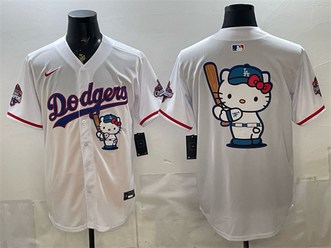 Los Angeles Dodgers Team Big Logo White Hello Kitty Night 2025 World Series Champions Patch Stitched Baseball Jersey