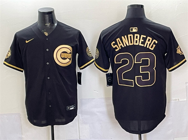 Chicago Cubs #23 Ryne Sandberg Black Gold 150th Anniversary Patch Stitched Baseball Jersey