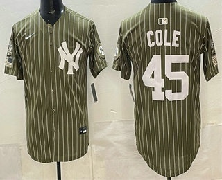New York Yankees #45 Gerrit Cole Olive Pinstripe 2026 Armed Forces Day Salute To Service Jersey New York Yankees #45 Gerrit Cole Olive Pinstripe 2026 Armed Forces Day Salute To Service Jersey