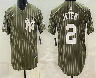 New York Yankees #2 Derek Jeter Olive Pinstripe 2026 Armed Forces Day Salute To Service Jersey New York Yankees #2 Derek Jeter Olive Pinstripe 2026 Armed Forces Day Salute To Service Jersey