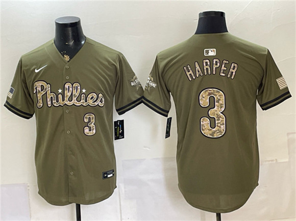 Philadelphia Phillies #3 Bryce Harper Olive 2026 Armed Forces Day Stitched Jersey