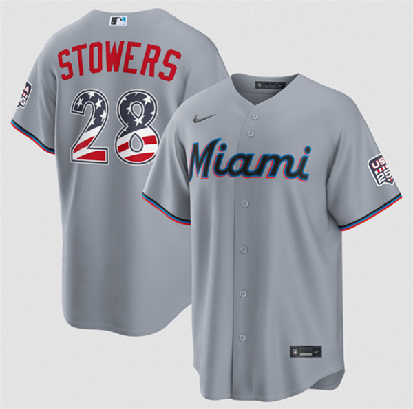 Miami Marlins #28 Kyle Stowers Gray USA 250 Fourth of July Home Stitched Baseball Jersey