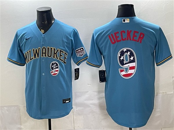 Milwaukee Brewers #9 Bob Uecker Blue 2026 USA 250 Fourth of July Home Stadium Stitched Baseball Jersey