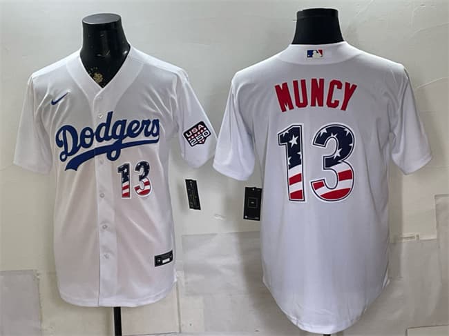 Los Angeles Dodgers #13 Max Muncy White USA 250 Fourth of July Home Stitched Baseball Jersey