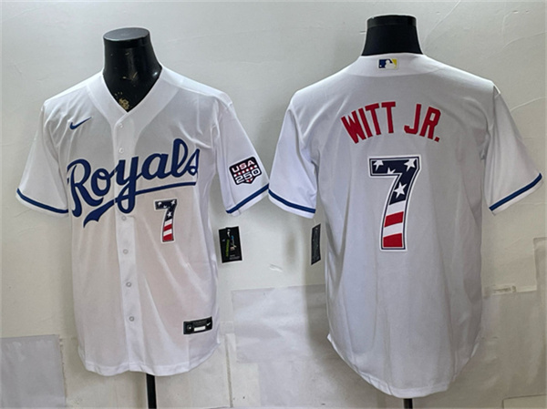 Kansas City Royals #7 Bobby Witt Jr. White 250 Fourth of July Stitched Baseball Jersey Kansas City Royals #7 Bobby Witt Jr. White 250 Fourth of July Stitched Baseball Jersey
