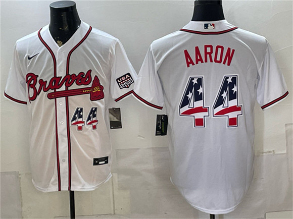 Atlanta Braves #44 Hank Aaron White USA 250 Fourth of July Home Stadium Stitched Baseball Jersey Atlanta Braves #44 Hank Aaron White USA 250 Fourth of July Home Stadium Stitched Baseball Jersey