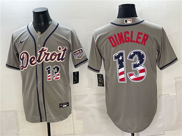 Detroit Tigers #13 Dillon Dingler Gray 2026 USA 250 Fourth of July Stitched Baseball Jersey Detroit Tigers #13 Dillon Dingler Gray 2026 USA 250 Fourth of July Stitched Baseball Jersey