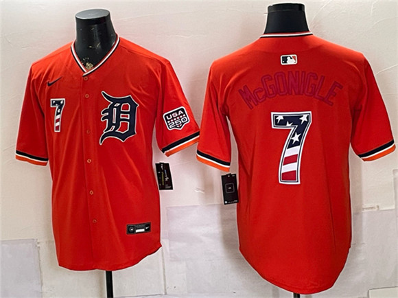 Detroit Tigers #7 Kevin McGonigle Orange 2026 USA 250 Fourth of July Stitched Baseball Jersey Detroit Tigers #7 Kevin McGonigle Orange 2026 USA 250 Fourth of July Stitched Baseball Jersey