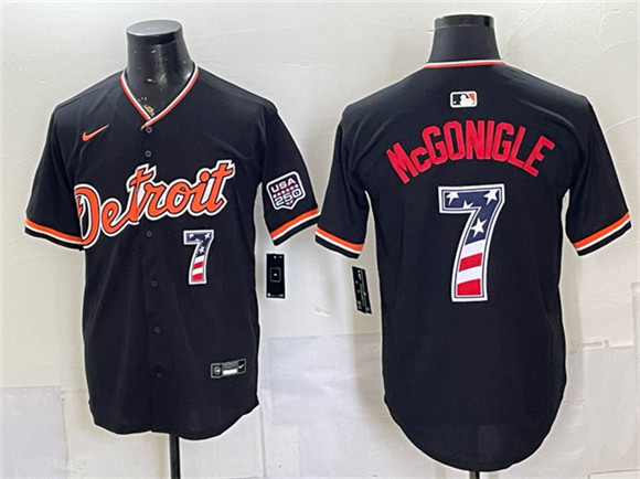 Detroit Tigers #7 Kevin McGonigle Black 2026 USA 250 Fourth of July Stitched Baseball Jersey Detroit Tigers #7 Kevin McGonigle Black 2026 USA 250 Fourth of July Stitched Baseball Jersey