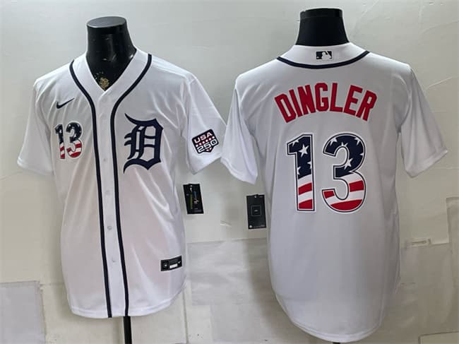 Detroit Tigers #13 Dillon Dingler White 2026 USA 250 Fourth of July Stitched Baseball Jersey Detroit Tigers #13 Dillon Dingler White 2026 USA 250 Fourth of July Stitched Baseball Jersey