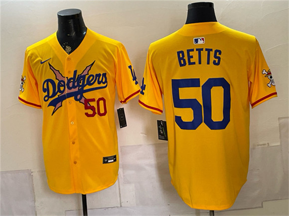 Los Angeles Dodgers x One Piece #50 Mookie Betts Yellow Vapor Premier Limited Stitched Baseball Jersey Los Angeles Dodgers x One Piece #50 Mookie Betts Yellow Vapor Premier Limited Stitched Baseball Jersey