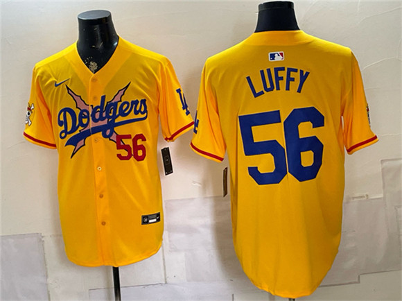 Los Angeles Dodgers x One Piece #56 Luffy Yellow Vapor Premier Limited Stitched Baseball Jersey Los Angeles Dodgers x One Piece #56 Luffy Yellow Vapor Premier Limited Stitched Baseball Jersey