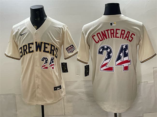 Milwaukee Brewers #24 William Contreras Cream 2026 USA 250 Fourth of July Home Stadium Stitched Baseball Jersey Milwaukee Brewers #24 William Contreras Cream 2026 USA 250 Fourth of July Home Stadium Stitched Baseball Jersey