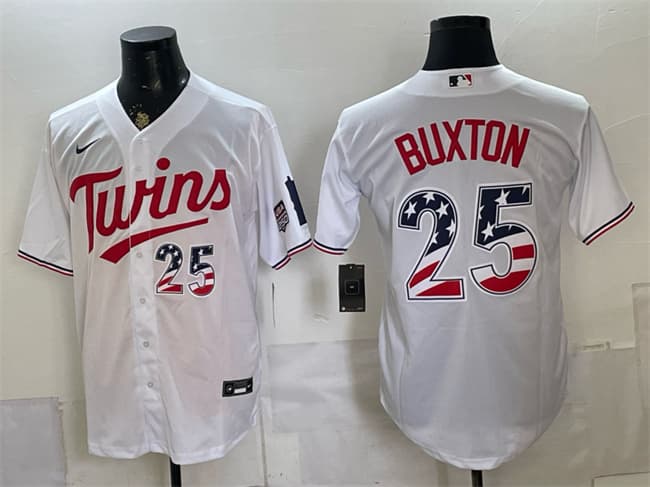 Minnesota Twins #25 Byron Buxton White 2026 USA 250 Fourth of July Stitched Baseball Jersey Minnesota Twins #25 Byron Buxton White 2026 USA 250 Fourth of July Stitched Baseball Jersey
