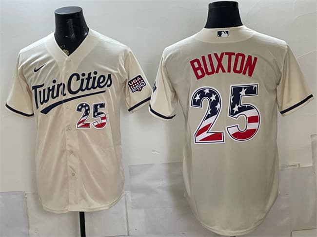 Minnesota Twins #25 Byron Buxton Cream 2026 USA 250 Fourth of July Stitched Baseball Jersey Minnesota Twins #25 Byron Buxton Cream 2026 USA 250 Fourth of July Stitched Baseball Jersey