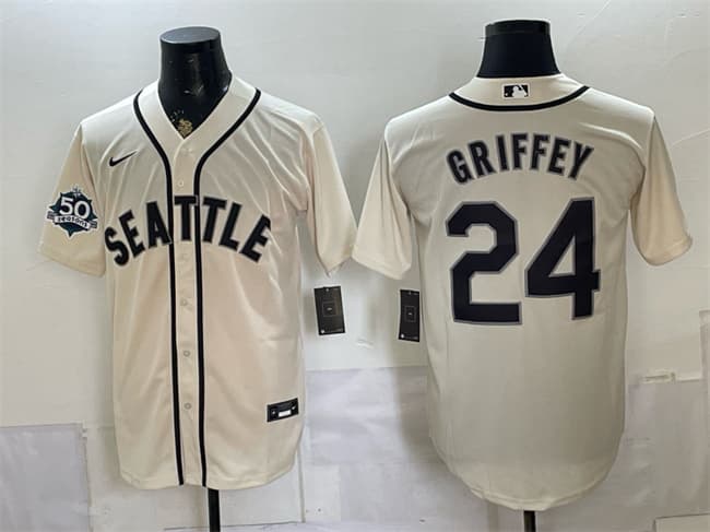 Seattle Mariners #24 Ken Griffey Jr. Cream 50th Anniversary Alternate Stitched Baseball Jersey Seattle Mariners #24 Ken Griffey Jr. Cream 50th Anniversary Alternate Stitched Baseball Jersey