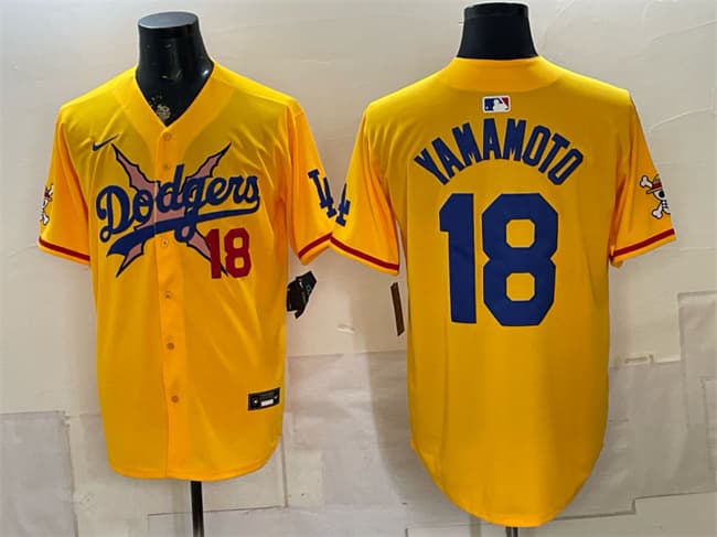 Los Angeles Dodgers x One Piece #18 Yoshinobu Yamamoto Yellow Vapor Premier Limited Stitched Baseball Jersey Los Angeles Dodgers x One Piece #18 Yoshinobu Yamamoto Yellow Vapor Premier Limited Stitched Baseball Jersey