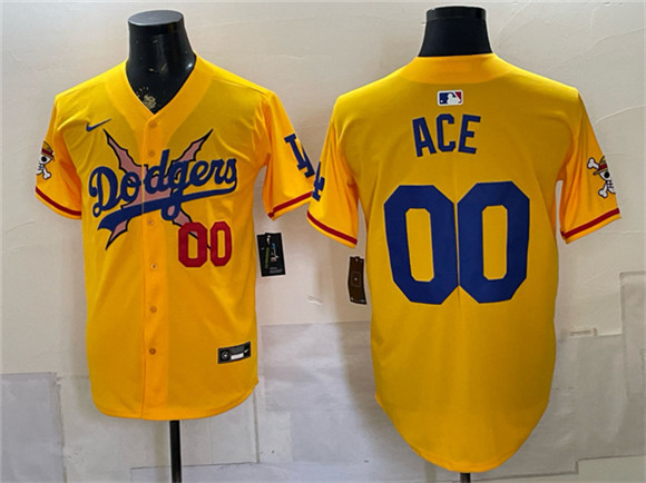 Los Angeles Dodgers x One Piece #00 Ace Yellow Vapor Premier Limited Stitched Baseball Jersey Los Angeles Dodgers x One Piece #00 Ace Yellow Vapor Premier Limited Stitched Baseball Jersey