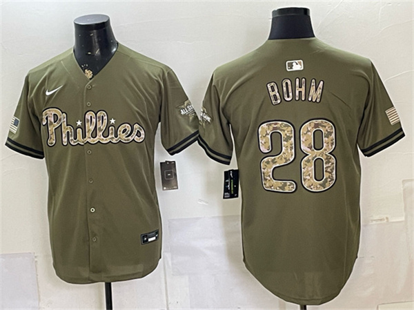 Philadelphia Phillies #28 Alec Bohm Olive 2026 Armed Forces Day Stitched Baseball Jersey Philadelphia Phillies #28 Alec Bohm Olive 2026 Armed Forces Day Stitched Baseball Jersey