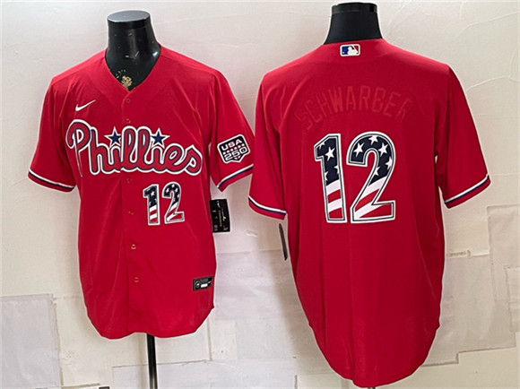 Philadelphia Phillies #12 Kyle Schwarber Red USA 250 Fourth of July Home Stitched Baseball Jersey