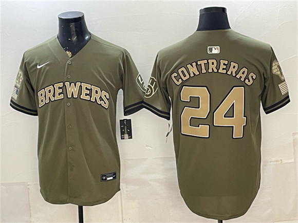 Milwaukee Brewers #24 William Contreras Olive 2026 Armed Forces Day Stitched Baseball Jersey Milwaukee Brewers #24 William Contreras Olive 2026 Armed Forces Day Stitched Baseball Jersey