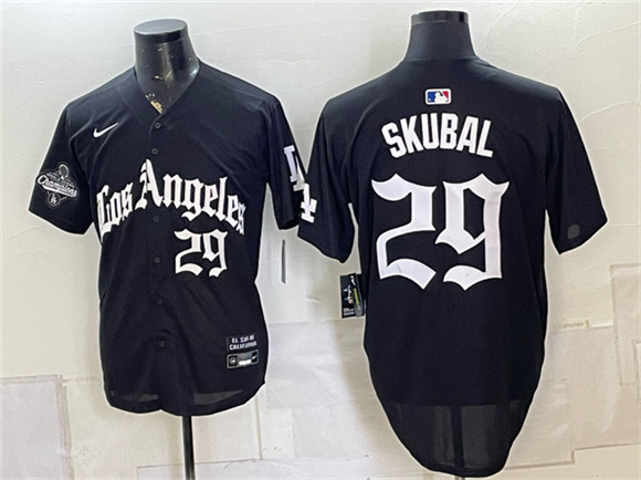 Los Angeles Dodgers #29 Tarik Skubal Black LA Gothic Style 2025 World Series Champions Patch Limited Stitched Baseball Jersey