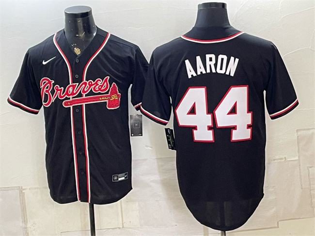 Atlanta Braves #44 Hank Aaron 2026 Fashion Replica Black Out Stitched Baseball Jersey Atlanta Braves #44 Hank Aaron 2026 Fashion Replica Black Out Stitched Baseball Jersey