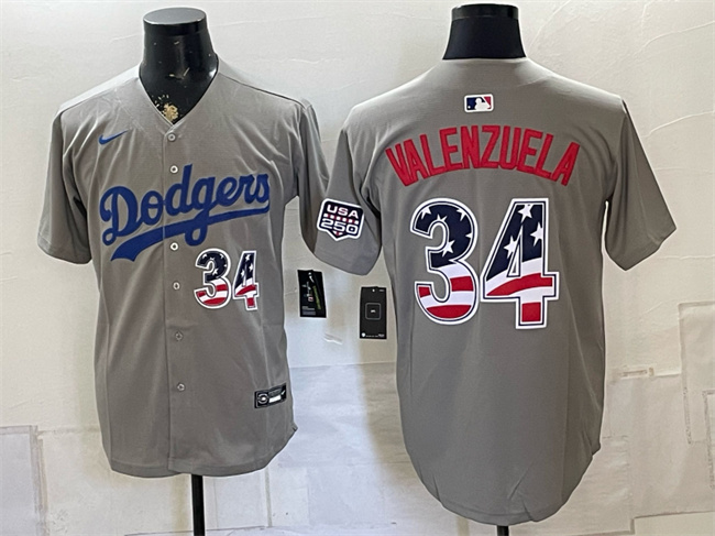 Los Angeles Dodgers #34 Fernando Valenzuela Gray USA 250 Fourth of July Stitched Baseball Jersey