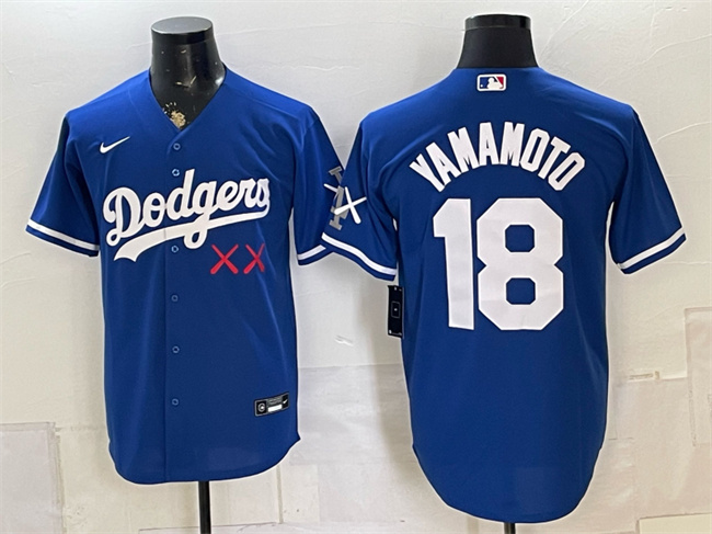 Los Angeles Dodgers x KAWS #18 Yoshinobu Yamamoto Royal Vapor Premier Limited Stitched Baseball Jersey