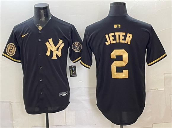 New York Yankees #2 Derek Jeter Black Gold With Patch Stitched Baseball Jersey