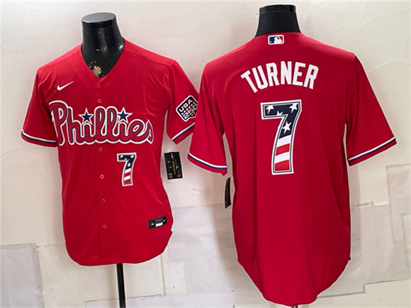 Philadelphia Phillies #7 Trea Turner Red USA 250 Fourth of July Home Stitched Baseball Jersey