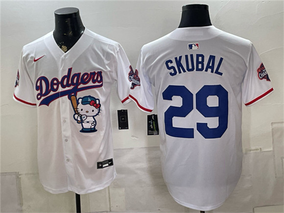 Los Angeles Dodgers #29 Tarik Skubal White Hello Kitty Night 2025 World Series Champions Patch Limited Stitched Baseball Jersey