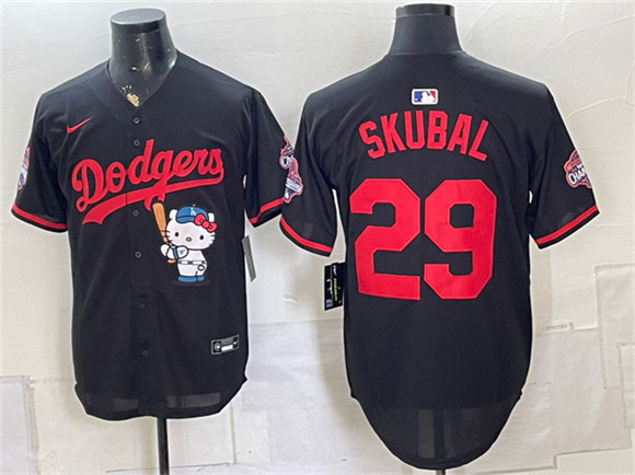 Los Angeles Dodgers #29 Tarik Skubal Black Hello Kitty Night 2025 World Series Champions Patch Stitched Baseball Jersey
