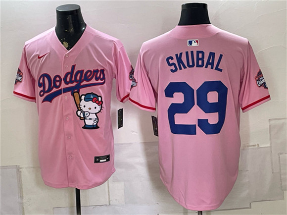 Los Angeles Dodgers #29 Tarik Skubal Pink Hello Kitty Night 2025 World Series Champions Patch Stitched Baseball Jersey