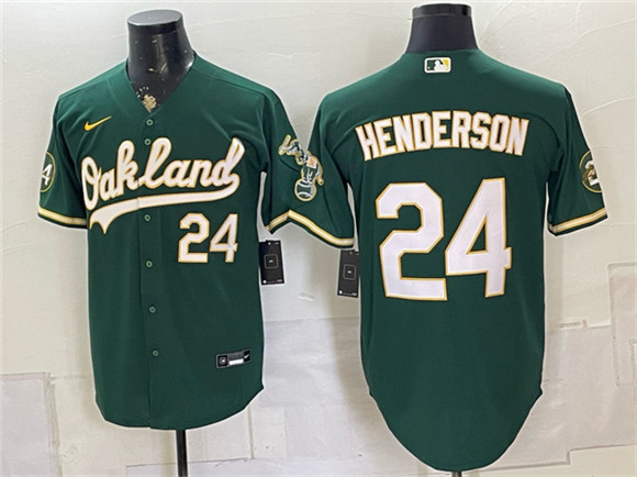 Oakland Athletics #24 Rickey Henderson Green With Patch Stitched Jersey