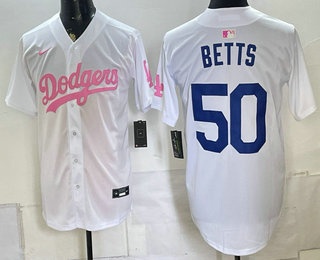 Los Angeles Dodgers #50 Mookie Betts White Pink Limited Stitched Jersey