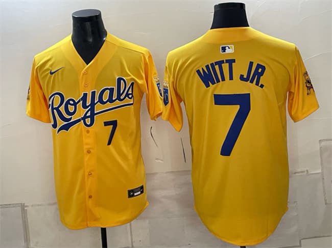 Kansas City Royals #7 Bobby Witt Jr. Gold Sluggerrr Patch Vapor Limited Stitched Baseball Jersey