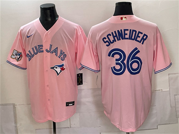 Toronto Blue Jays #36 Davis Schneider Pink 50 Seasons Patch Stitched Baseball Jersey Toronto Blue Jays #36 Davis Schneider Pink 50 Seasons Patch Stitched Baseball Jersey