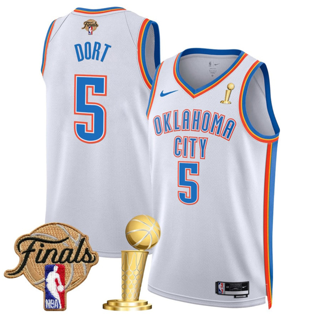 Oklahoma City Thunder #5 Luguentz Dort White 2025 Finals Patch And Finals Champions Patch Association Edition Stitched Basketball Jersey
