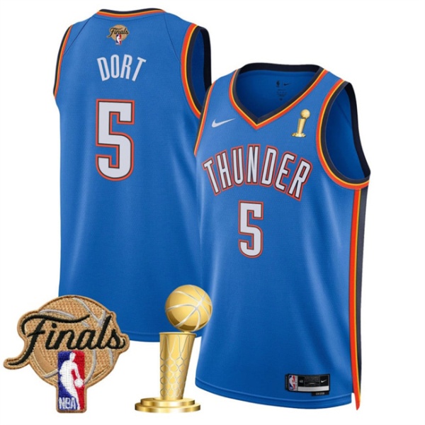 Oklahoma City Thunder #5 Luguentz Dort Blue 2025 Finals Patch And Finals Champions Patch Icon Edition Stitched Basketball Jersey