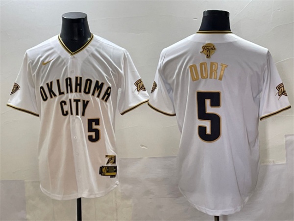 Oklahoma City Thunder #5 Luguentz Dort White Gold 2025 Finals Vapor Stitched Baseball Jersey